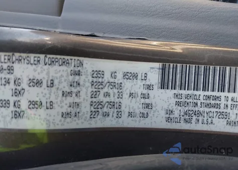 2000 Jeep Grand Cherokee Laredo из США, поврежденный, VIN 1J4G248N1YC172591